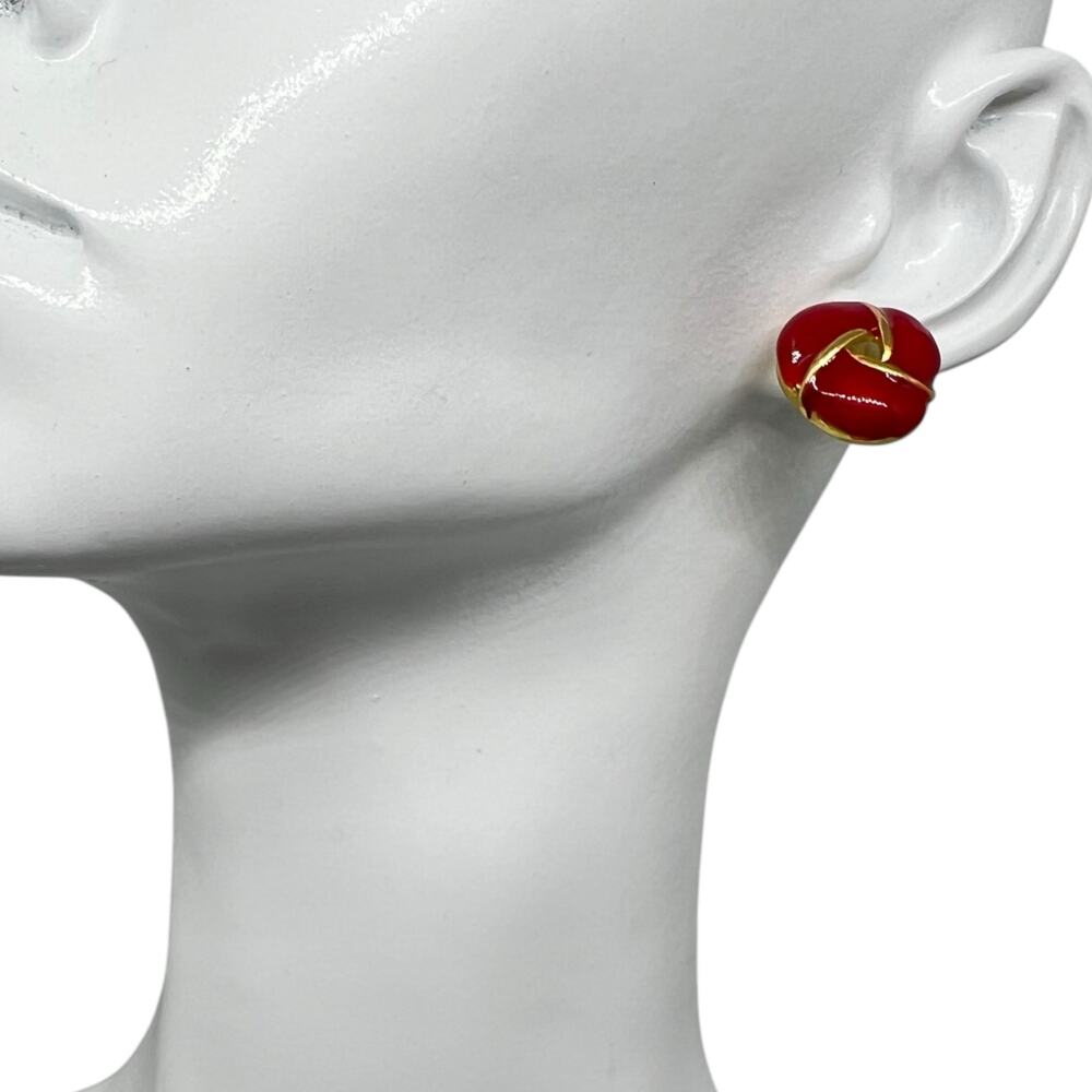 Vintage Red Enamel Gold Tone Knot Earrings Designer Style Statement Stud Jewelry